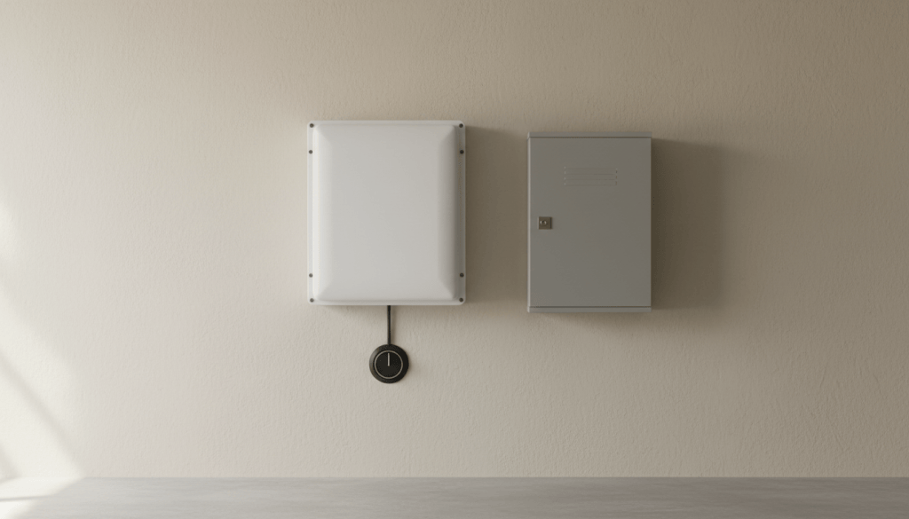Inversor solar residencial na parede da garagem, ilustrando como reiniciar inversor solar com segurança