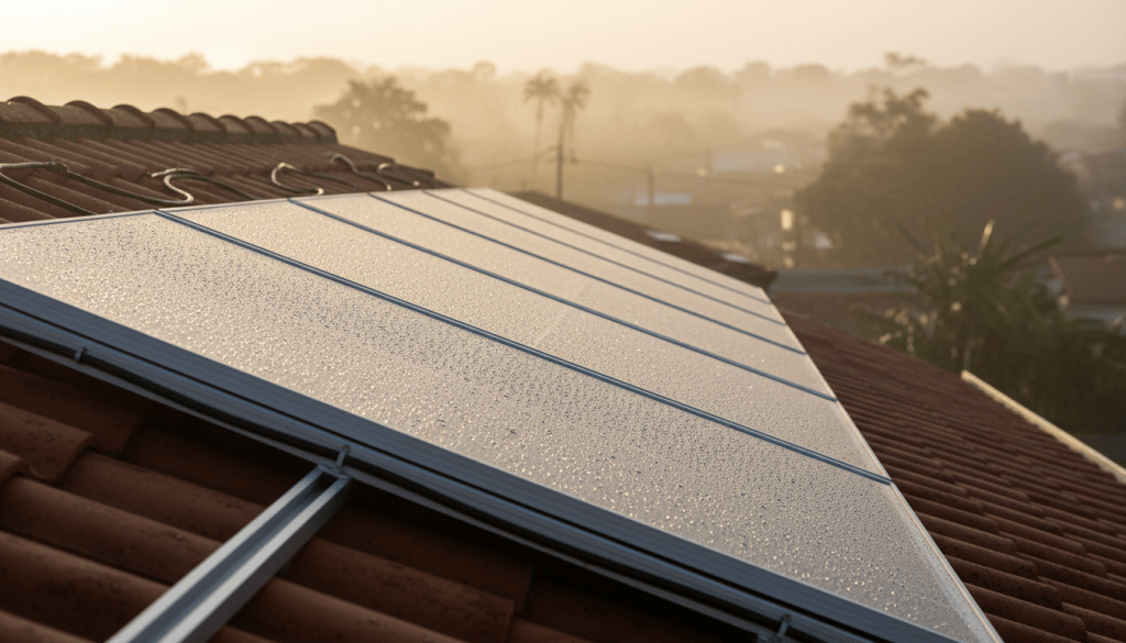 Painéis solares em telhado residencial com gotas de orvalho pela manhã e cabos de corrente contínua ao longo dos trilhos de fixação