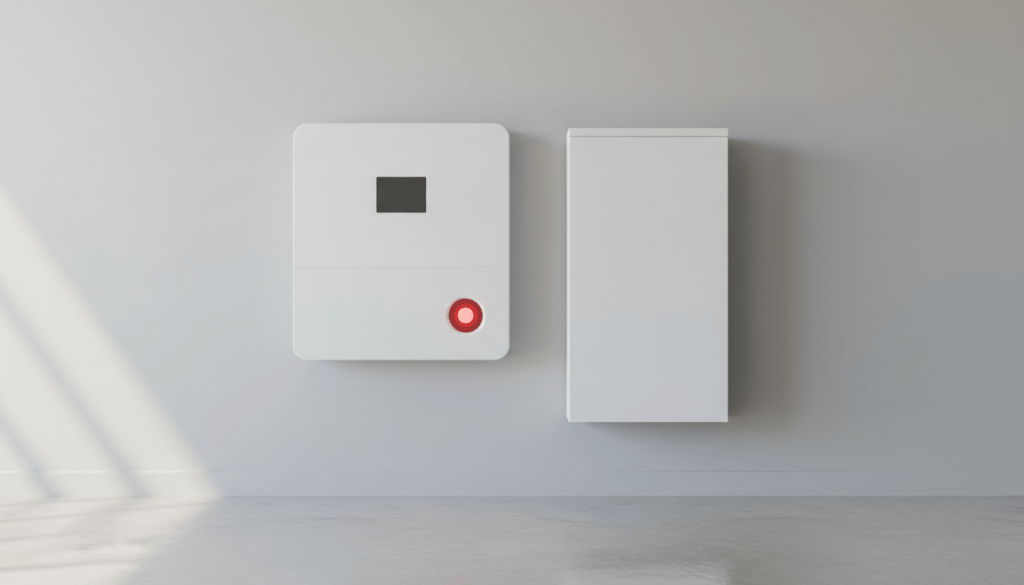 Inversor solar apitando com luz de alarme acesa ao lado da bateria em uma garagem