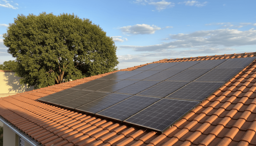 Painéis solares em telhado com sombra de árvore e poeira, causas comuns de inversor solar gerando pouco