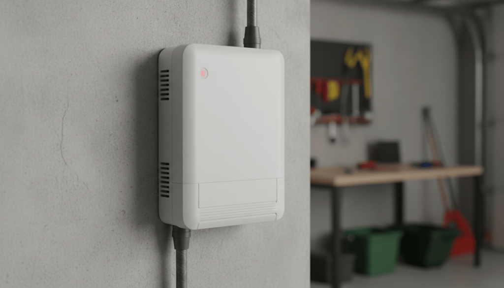 Inversor solar luz vermelha acesa no painel frontal, instalado na parede de uma garagem