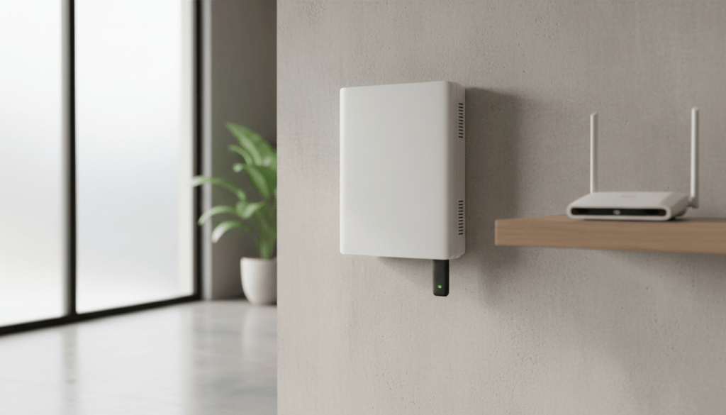 Inversor solar offline: inversor na parede com módulo de comunicação Wi-Fi e roteador ao fundo