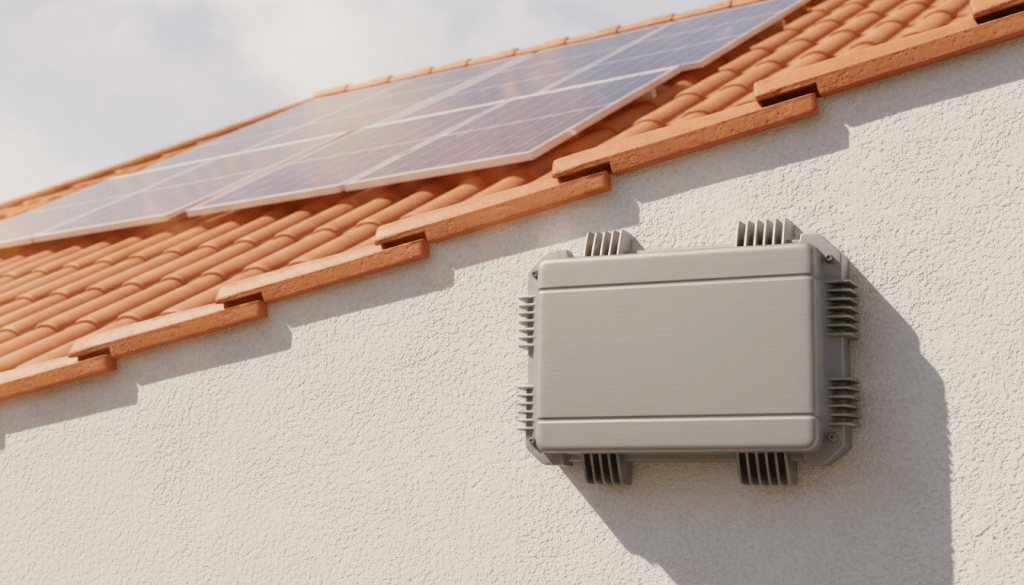 Inversor solar superaquecendo sob sol forte em parede externa, com dissipador de calor aparente