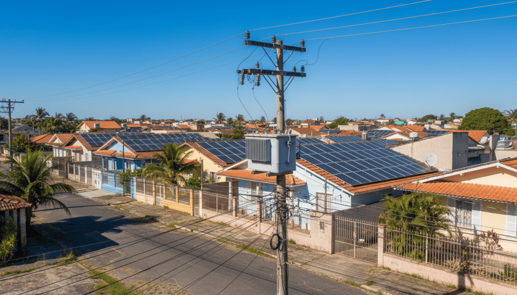 Telhados com painéis solares e rede elétrica de baixa tensão com transformador em poste, em um dia ensolarado